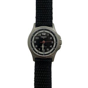 Dakota Round Stainless Steel Watch Canvas Black Band Mineral Glass Crystal 3 ATM